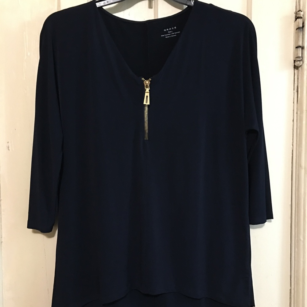 Grace women’s 3/4 sleeves top with gold zipper large‎